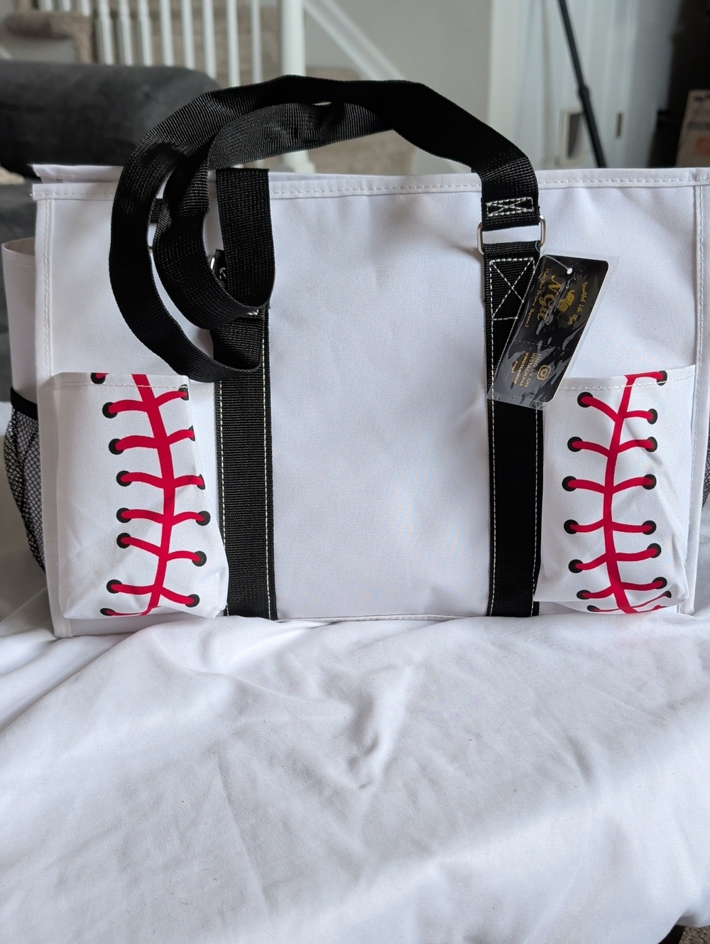 White Canvas Tote with Pink Baseball Stitch Detail and Black Straps